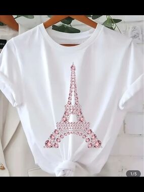 White Women's Eiffel Tower Crystal Look Tee - Pink Embellishment